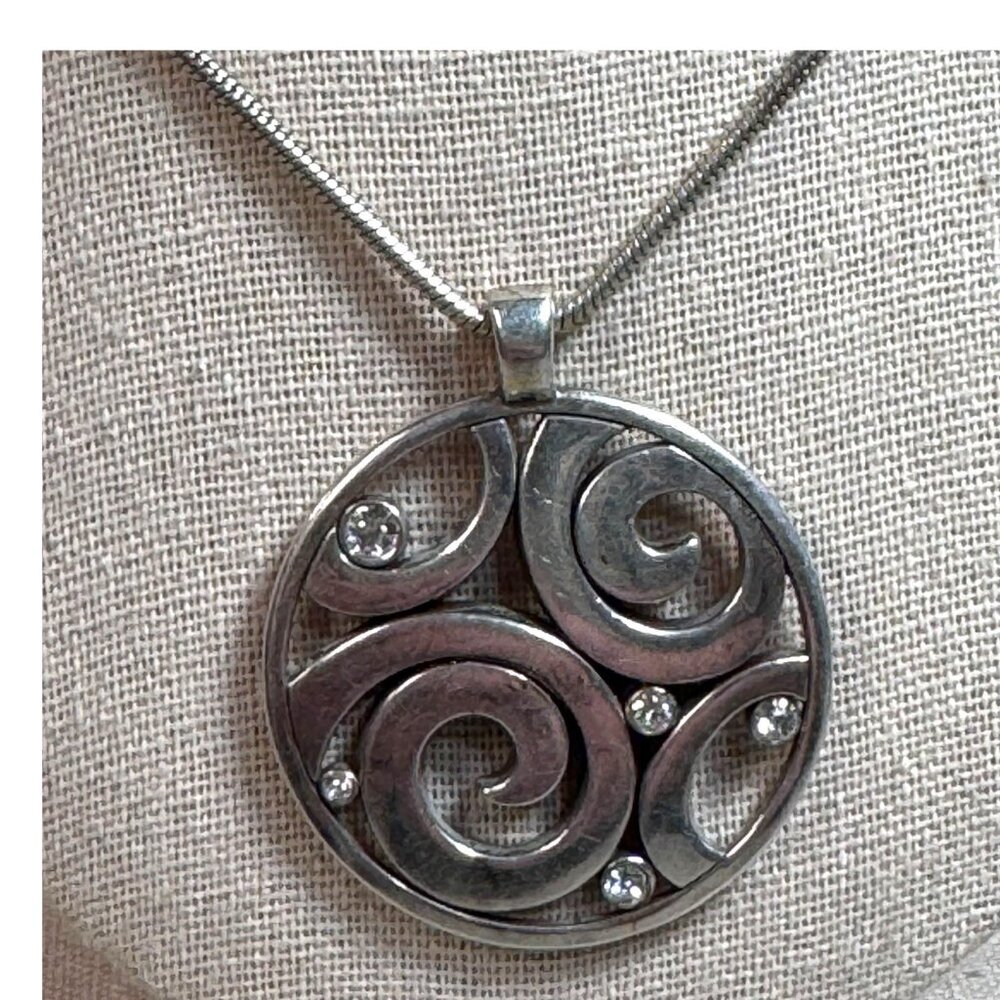 Brighton Silver Tone Swirl Reversible Pendant Necklace 18" Rhinestones CZ Boho